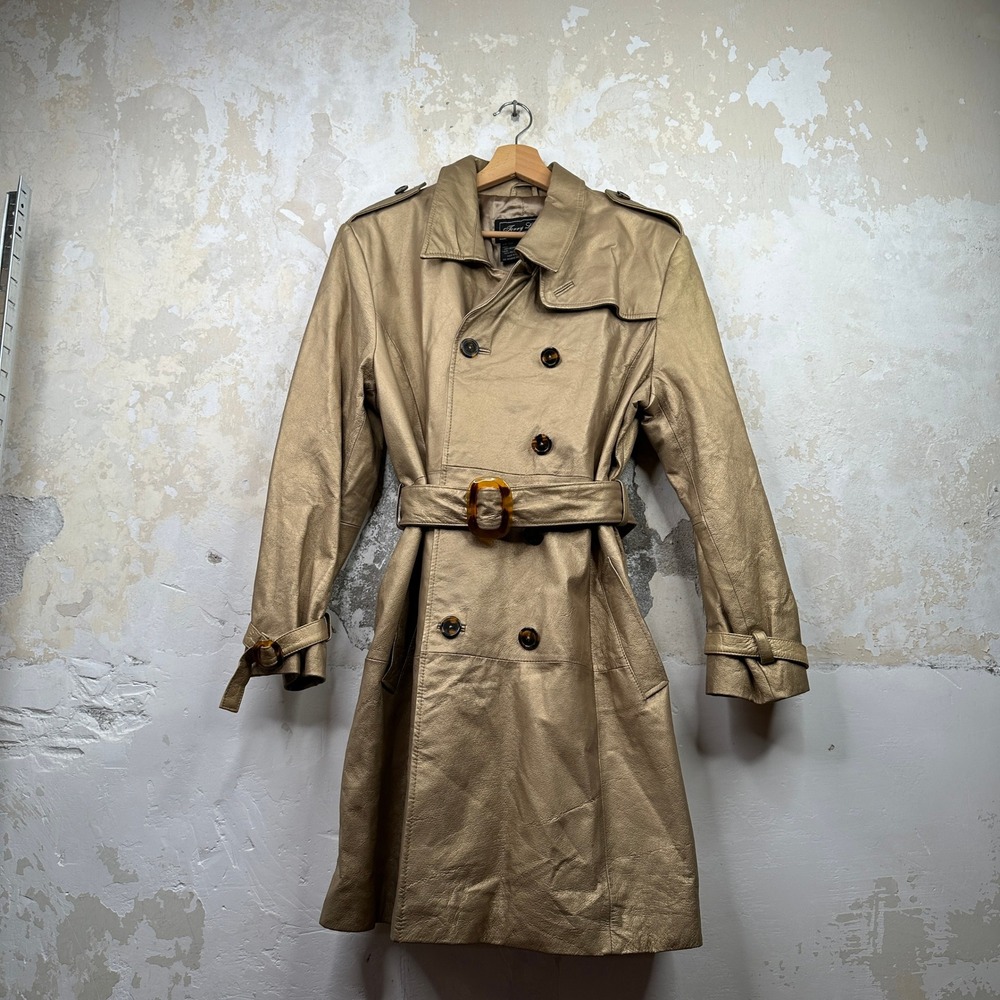 Terry Lewis Metallic Gold Genuine Leather Trench Coat Double Breasted Large